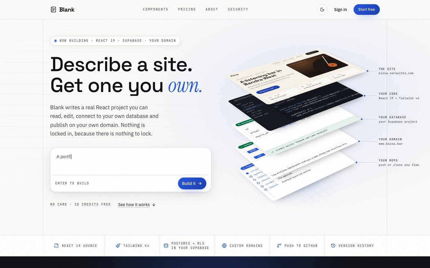 Blank home page: “Describe a site. Get one you own.”