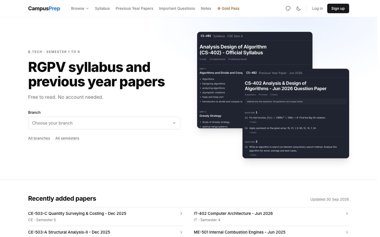 CampusPrep.in home page: RGPV syllabus and previous year papers, with recently added papers listed below.
