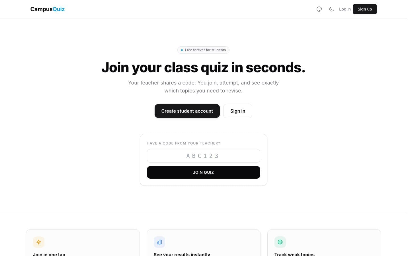CampusQuiz home page: “Join your class quiz in seconds.”
