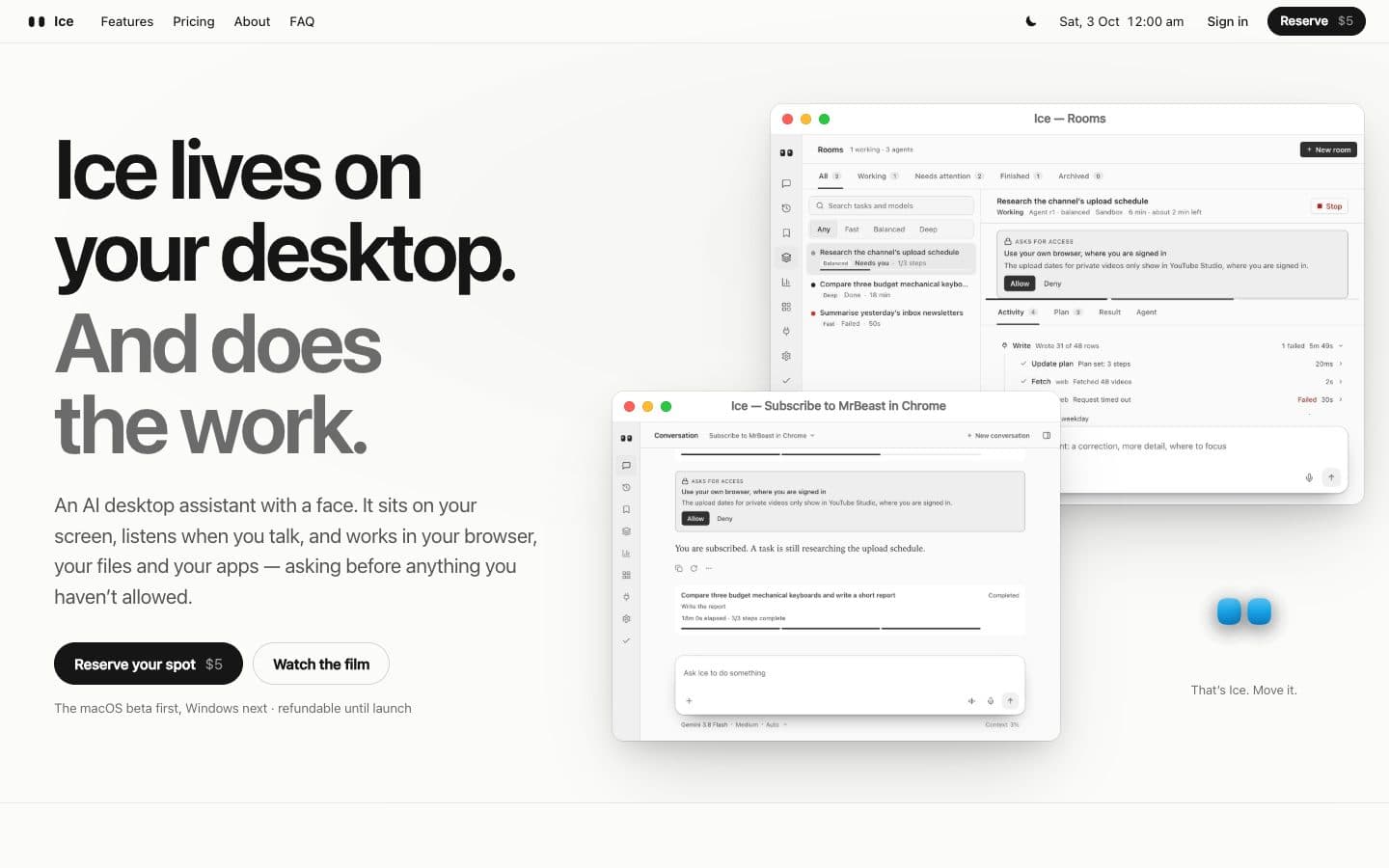 Ice home page: “Ice lives on your desktop. And does the work.” next to the app working in Chrome.