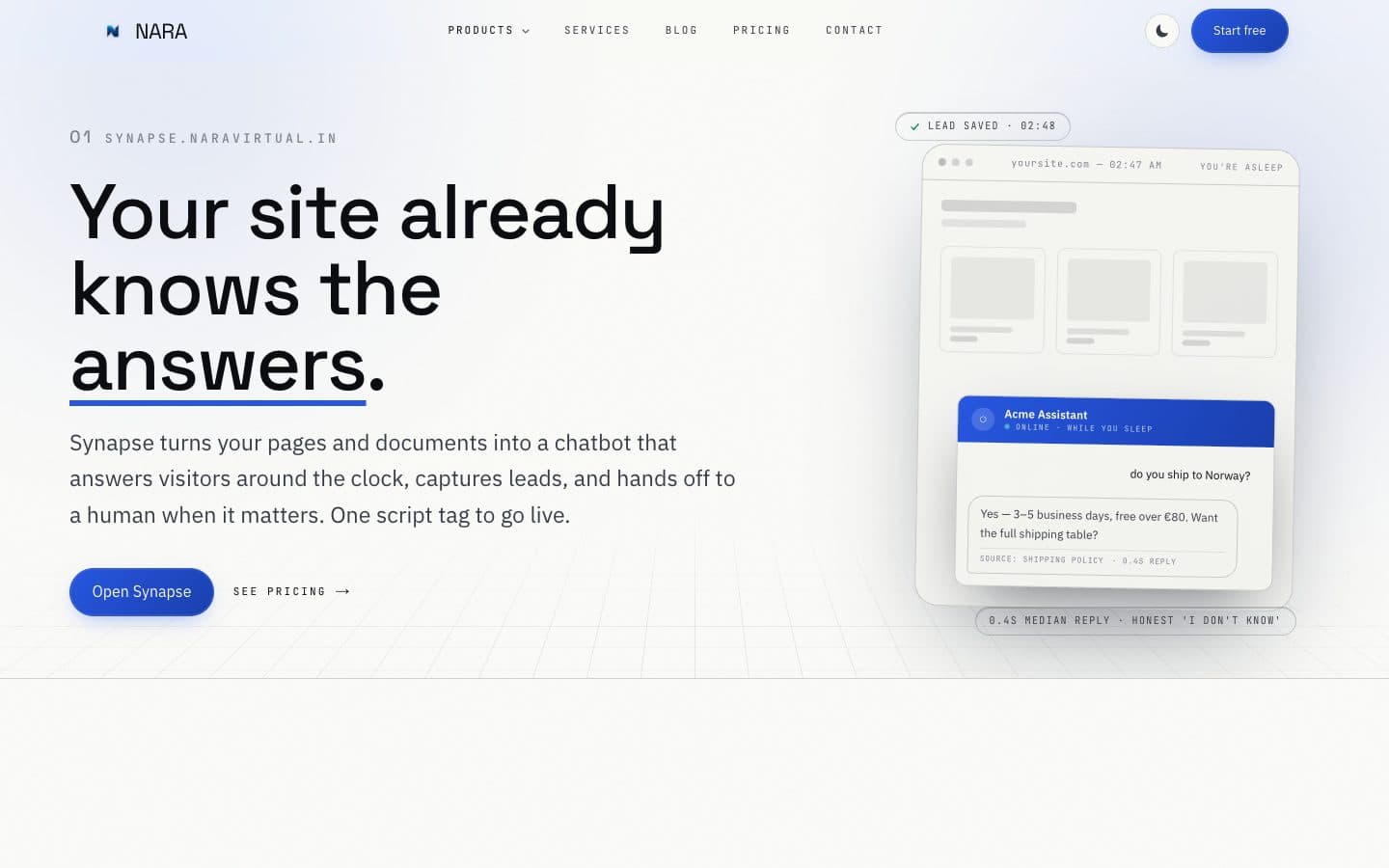Synapse product page: “Your site already knows the answers.”